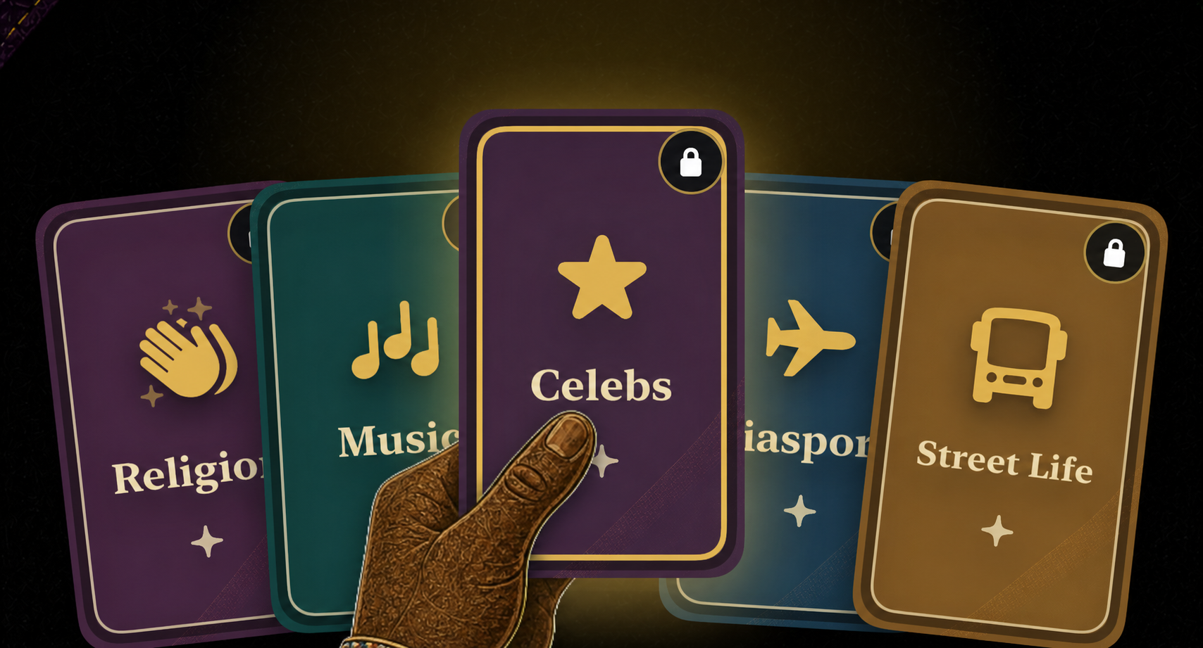 A hand holding a fan of Wetin Be Dis category cards